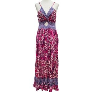 Angie Floral Boho Dress LRG Pink Midi Fairycore Sun V Neck Smocking Flowy Beach